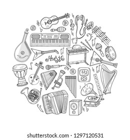 Round composition with cute hand drawn musical instruments. Vector collection