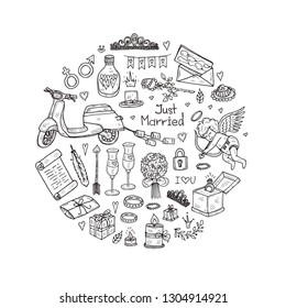 Round composition with cute hand drawn Wedding icons. Love collection. Vector
