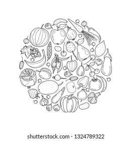 Round composition with cute hand drawn fruits and vegetables. Vector collection.