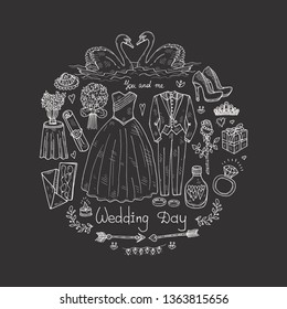 Round composition with cute hand drawn Wedding icons. Love collection. Vector