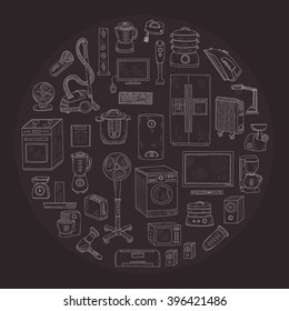 Round composition with cute hand drawn house appliances. Vector appliances collection