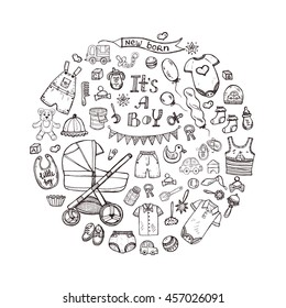 Round composition with cute hand drawn baby care things, clothes and toys for  baby boy. Newborn baby  vector collection.