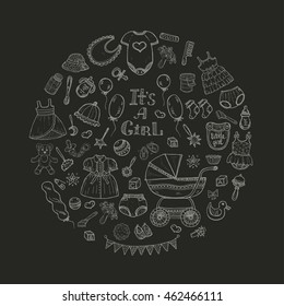 Round composition with cute hand drawn baby care things, clothes and toys for  baby girl. Newborn baby  vector collection.
