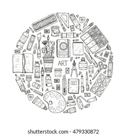 Round composition with cute hand drawn art tools including pencils; pens; watercolor; eraser; pastel; brush; and others. Vector hand drawn art collection
