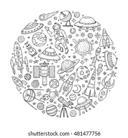 Round composition with  cute hand drawn space objects: stars, rockets, planets, moon, sun etc. Hand-drawn vector collection