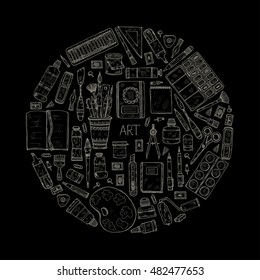 Round composition with cute hand drawn art tools including pencils; pens; watercolor; eraser; pastel; brush; and others. Vector hand drawn art collection