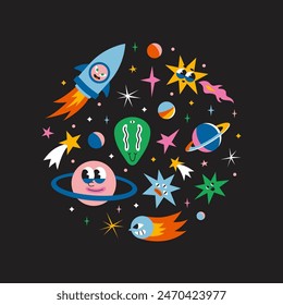Round composition with cute outer space elements. Cosmic bundle with funny cartoon characters, alien, spaceships, planet, comet and stars. Trendy modern vector illustration, hand drawn, flat design