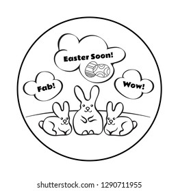 Round composition depicting three rabbits on the lawn. They're thinking about Easter. Vector illustration EPS10