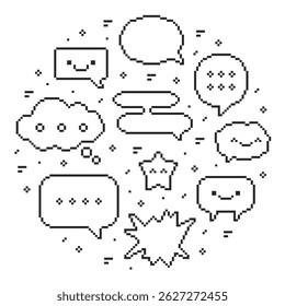 Round composition of dialog boxes. Vector illustration in pixel style