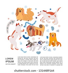 Round composition of different dog breeds. Vector illustration on white background with text frame. 