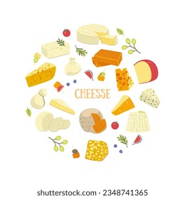 Round composition of different types of cheese isolate on a white background. Vector graphics.