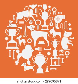 Round composition with dog silhouettes and accessories.