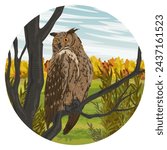 Round composition. Eagle owl sits on a tree branch. Wild birds in autumn. Realistic vector landscape