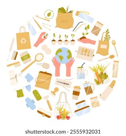 Round composition of eco-friendly items for a zero waste lifestyle, including reusable bags, compost bins, and plant-based products. A perfect vector illustration for sustainability projects.