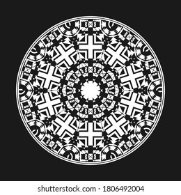 Round composition, emblem, decor, mandala with original graphic elements. Monochrome. Vector illustration