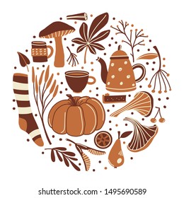 Round composition of fall, autumn season objects - pumpkin, sock, mushrooms, leaves, twigs and berries, flat cartoon vector illustration isolated on white background