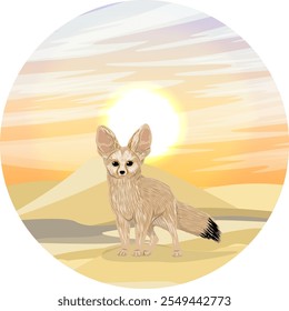 Round composition. Fennec fox walks on the sand. Desert wildlife. Realistic vector landscape