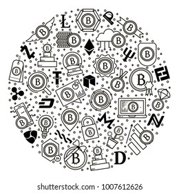 Round composition with flat line bitcoin, btc, cryptocurrency, virtual money icons. Crypto currency signs, symbols, logos, emblems in a circle for leaflets, banners and backgrounds. 