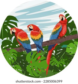 Composición redonda. Una bandada de loros de macao escarlata se sienta en las ramas de un árbol tropical con musgo y hojas grandes. Sudamérica y África. Paisaje vectorial realista