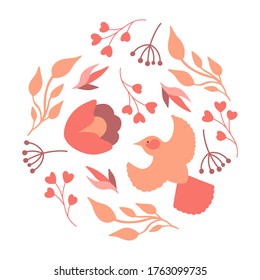 Round composition with flowers and bird in pastel color. Vector arrangements in circle perfect for celebration card or any print design 