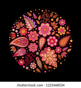 Round composition of flowers and leaves isolated on a black background.
