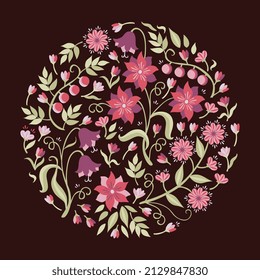 Runde Zusammensetzung von Blumen und Blättern einzeln auf schwarzem Hintergrund in Vektorgrafik. Natürliche Ausdrucke für Kissen, Serviette, T-Shirt-Tasche, Tasche.