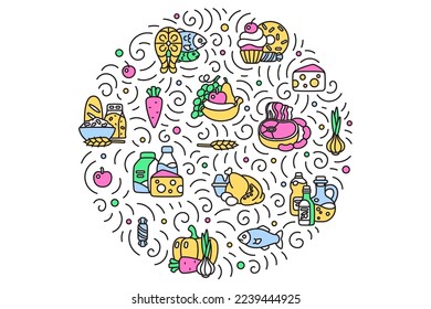 Round composition of food products in doodle style with line icons, vector illustration. Meat products, dairy produce, bakery, seafood, fruits and vegetable and sweets