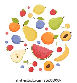 Round composition of fresh garden and tropical fruits and berries. Organic vegan food.
