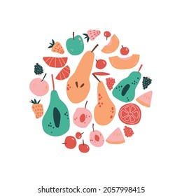 Round composition with fruits and berries. Naive minimalistic style.