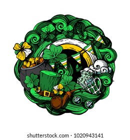 Round composition of the graphic elements for the St. Patrick's day. The Doodle style.