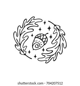 Round composition with hand drawn acorn and oaks leaves. Black and white vector illustration.