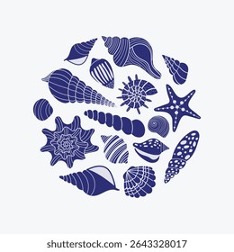 Round composition with hand drawn sea shells and starfish. Ocean-themed clipart in flat silhouette style. Summer decoration element. Marine vector illustration on white background.