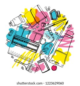 Round composition with hand drawn sketch vector artist materials. Black and white stylized illustration with color stains. Painting and drawing tools - airbrush, paints, tubes, brushes, notepad