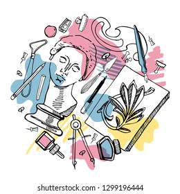 Round composition with hand drawn sketch vector artist materials. Black and white stylized illustration with color stains. Modeling and drawing tools - sculptures, pens,containers, stacks
