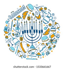 Round composition with Hanukkah objects and food. Hand drawn outline vector sketch illustration. Color on white background