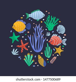 Round composition with happy marine animals or funny underwater creatures living in sea. Circular decorative design element with ocean fauna. Flat cartoon vector illustration for wrapping paper.