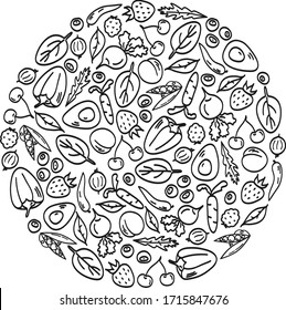 Round Composition Of Healthy, Vegetarian, Vegan Food Products. Outline Vegetables, Fruits, Berries In Doodle Style. Design Element For Packaging, Eco Bags, Dishes, Websites, Emblems, Shops, Fabrics