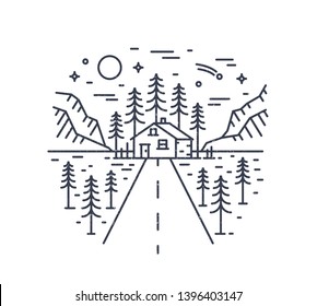 Round composition with highway leading to lodge, house or hut in woodland surrounded by spruce trees and mountains drawn with contour lines. Monochrome vector illustration in modern linear style.