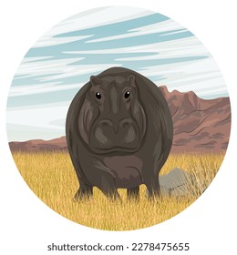 Round composition. Hippopotamus in African savannah. Wild life of Africa. Realistic vector landscape