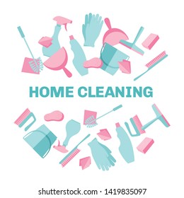 A round composition of house cleaning tools and accessories