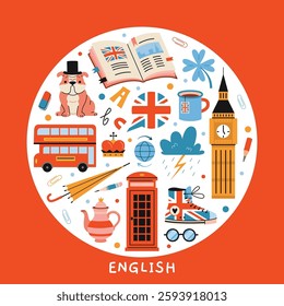 Round composition with Iconic British culture symbols like landmarks, flag, tea, bulldog and red phone booth. Learning English language Set. Vector illustration isolated on white, hand drawn, flat