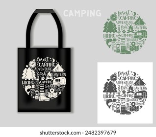 Round composition of inscriptions and pictures on the theme of hiking and outdoor recreation. Camping concept with tote bag mockup