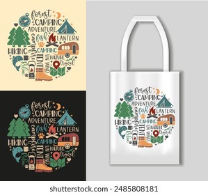 Round composition of inscriptions and pictures on the theme of camping and outdoor recreation. Camping concept with tote bag mockup