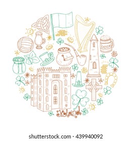 Round composition with Ireland related hand drawn icons including irish coffee; irish round tower and others. Doodle vector Ireland related collection