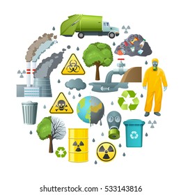 Round composition of isolated decorative elements with environmental pollution symbols infection radiation signs and biohazard suit vector illustration