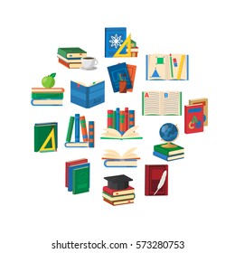 Round composition of isolated decorative symbols of school stuff books of different colour on blank background vector illustration