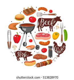 Round composition with isolated drawn barbecue elements food meat species grill animal silhouettes on blank background vector illustration