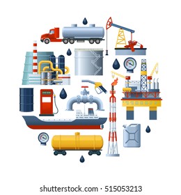 Round composition with isolated oil industry elements of extraction processing and fuel transportation on blank background vector illustration