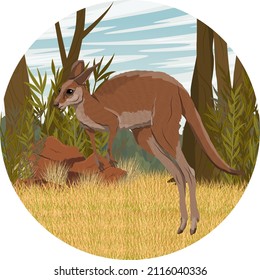 Round Composition. A Large Red Kangaroo Jumps Over Tall Dry Grass In Australia. Realistic Vector Landscape