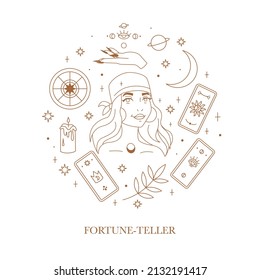 Round composition line art with soothsayer, astrologist or fortune teller. Gold elements tarot cards, celestial objects, candle, wheel of fortune and plant. Beautyful woman's face. Vector illustration